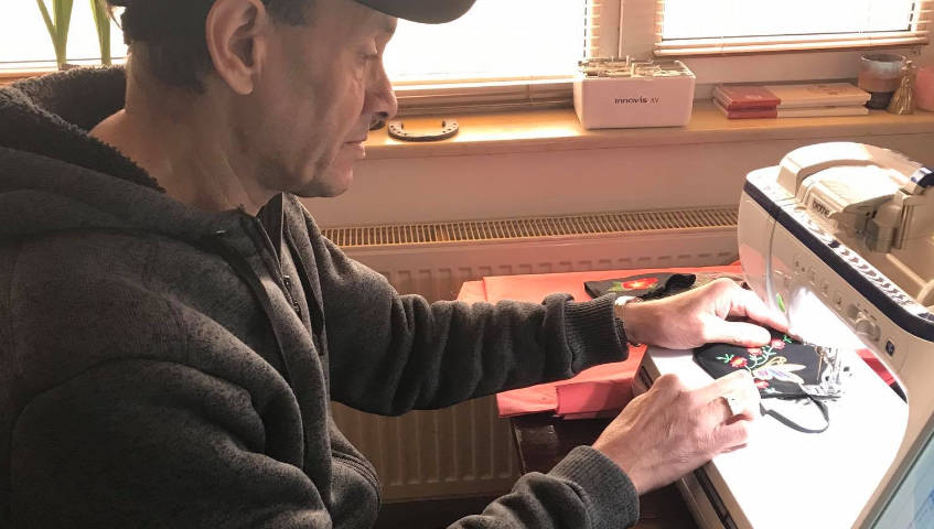 Sandra's husband Richard at work with his trusty Brother sewing machine