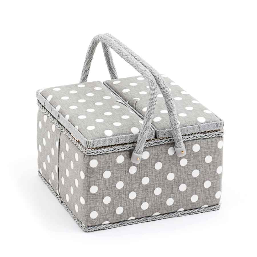 HobbyGift MRLTLE_268 | Sewing Box (L) Twin Lid Square | Grey Linen Polka Dot