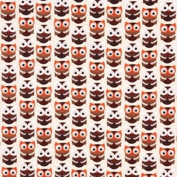 Brown Retro Owls on Cream Fabric Quilting & Patchwork