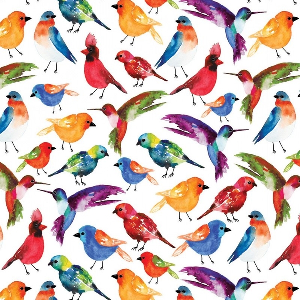 Conservatory Digital Birds Multi on White Fabric Quilting & Patchwork