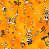 Creepy Hollow Halloween - Dancing Skeletons On Orange Fabric