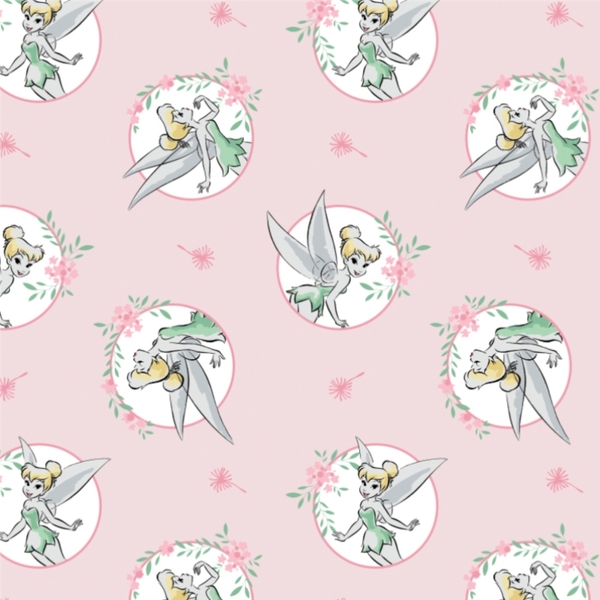 Disney Tinkerbell Floral Frame on Light Pink Fabric. 