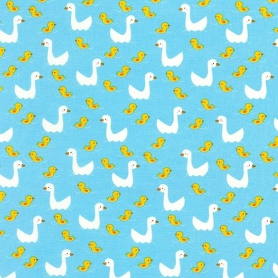Farm Ducks & Ducklings on Water Blue Fabric