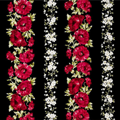 Fuchsia Poppy Stripes on Black Fabric