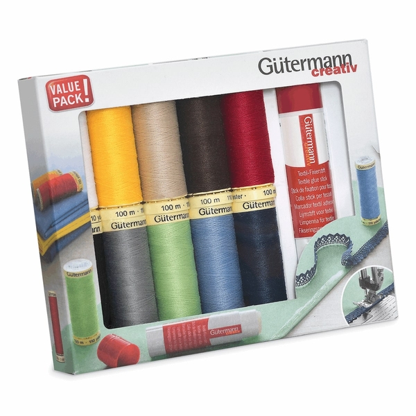 Gutermann 734567 | Sew-All Thread Set | 10 x 100m with Textile Glue Stick 