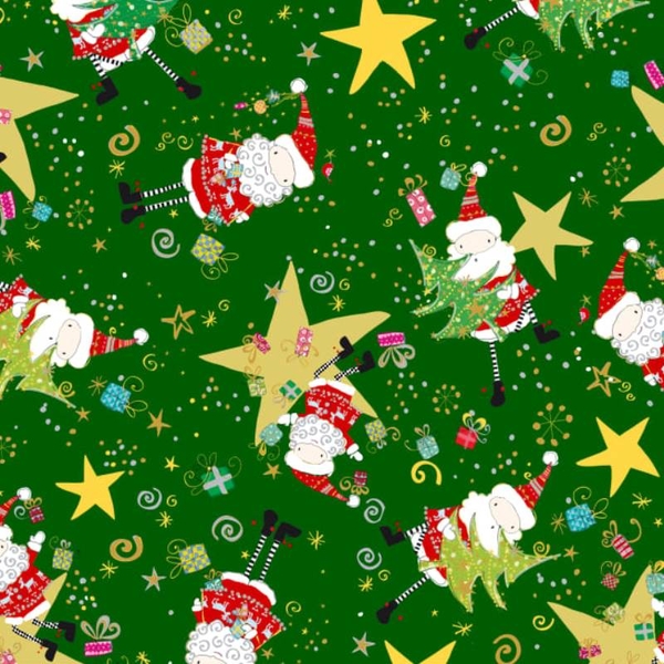 Happy Christmas Santa & Stars on Forest Fabric 