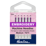 Hemline Sewing Machine Needles: Embroidery: Fine 75/11: 6 Pieces
