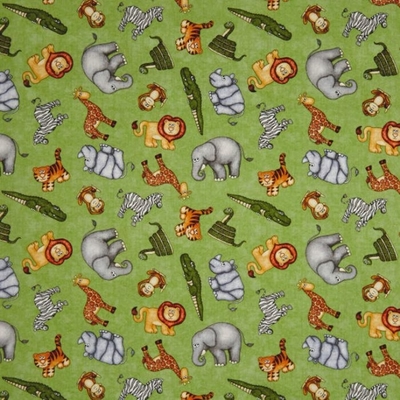 Jungle Buddies Tossed Animals on Green Fabric