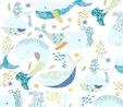 Little Squirt Tossed Whales on White Fabric 
