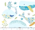 Little Squirt Tossed Whales on White Fabric  2
