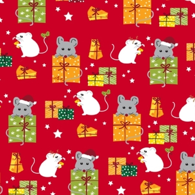 Meowy Christmas Multi Mice & Gifts on Red Fabric