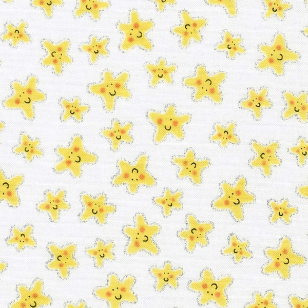 Mermaid Wishes Happy Glitter Starfish on White Fabric Quilting & Patchwork