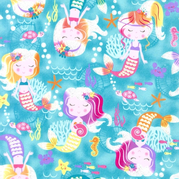 Mermaid Wishes Mermaids & Sea Creatures on Blue Fabric Quilting & Patchwork