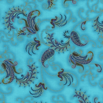 Metallic Tossed Paisley Feathers on Turquoise Fabric