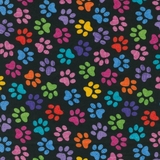 Multicolour Paw Prints on Black Fabric