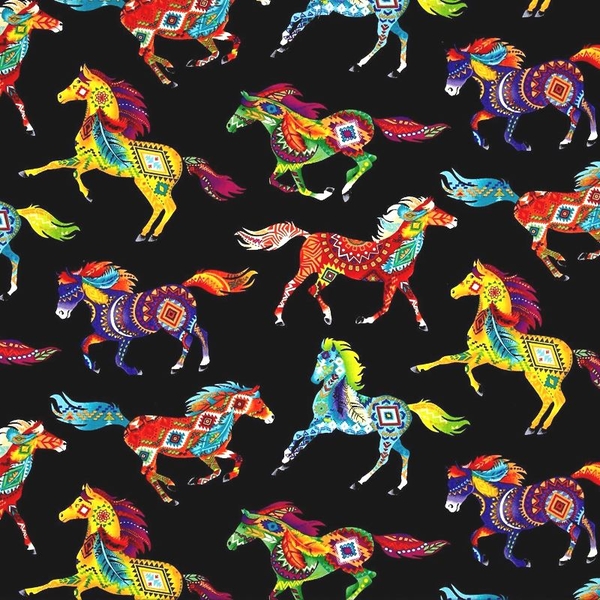 Southwest Multicolour Horses on Black Fabric 