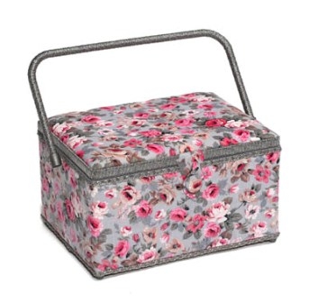 Pink Flowers on Grey Large Sewing Box 