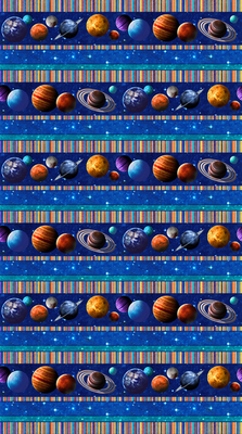 planets & striped border across the universe fabric
