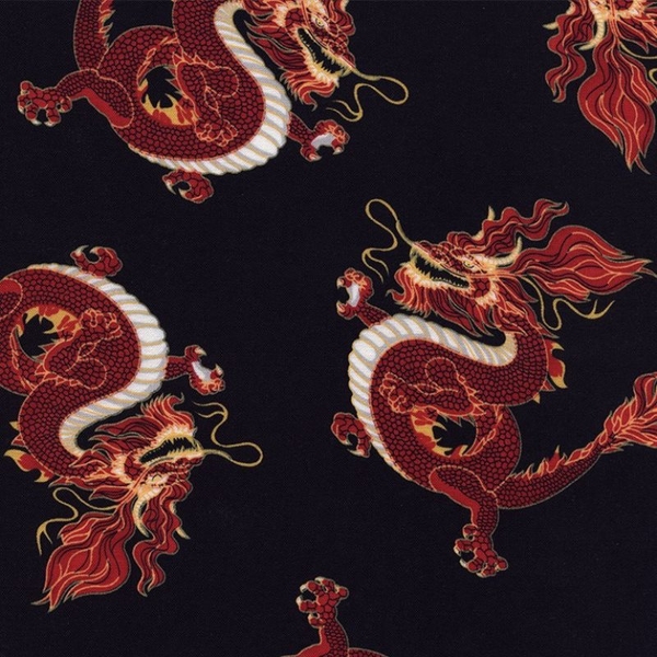 Red Metallic Dragons on Black Fabric 