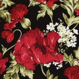 Red Poppies & White Flowers on Black Fabric