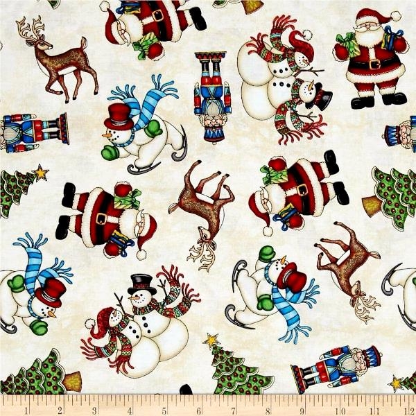 Christmas Santa, Snowmen & Reindeer On Cream Fabric