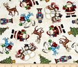 Christmas Santa, Snowmen & Reindeer On Cream Fabric  3