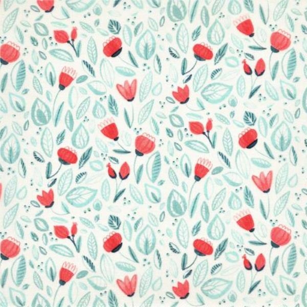Sew Sweet Coral & Turquoise Floral on White Fabric Quilting & Patchwork