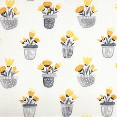 sew sweet yellow & grey floral in pots on white fabric