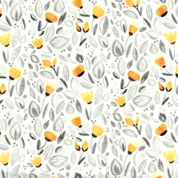 Sew Sweet Yellow & Grey Floral on White Fabric 