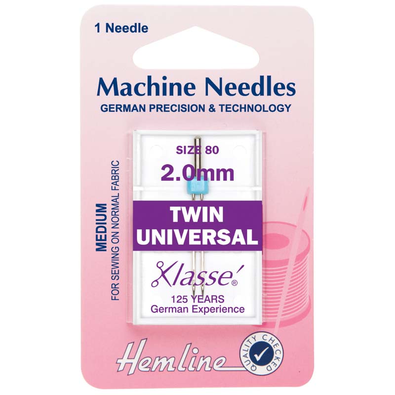 Hemline Sewing Machine Needles: Twin Universal: 80/12, 2.0mm: 1 Piece