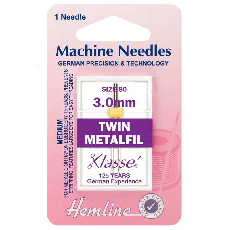 Hemline Sewing Machine Needles: Metalfil Twin: 80/12, 3mm: 1 Piece