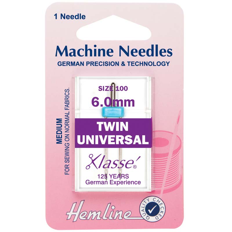 Hemline Sewing Machine Needles: Twin Universal: 100/16, 6mm: 1 Piece