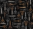 Thimble Pleasures Scissors on Black Fabric 1m Quilting & Patchwork