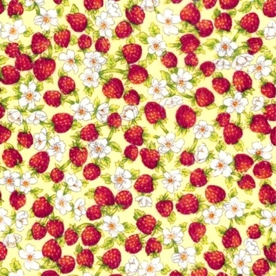 Tiny Strawberries & Flowers on Yellow Fabric