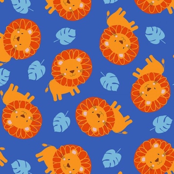 Jungle Jam Orange Lions On Royal Blue Fabric 