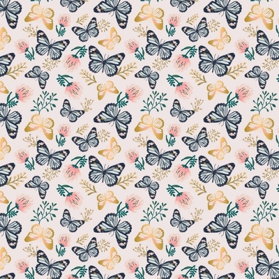 up, up & away metallic butterflies on palest pink fabric