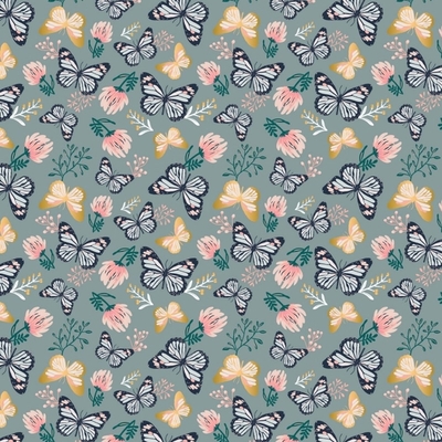 up, up & away metallic butterflies on slate fabric