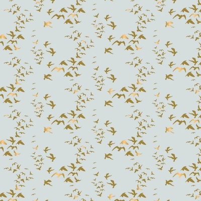 Up, Up & Away Metallic Gold Birds on Blue Fabric