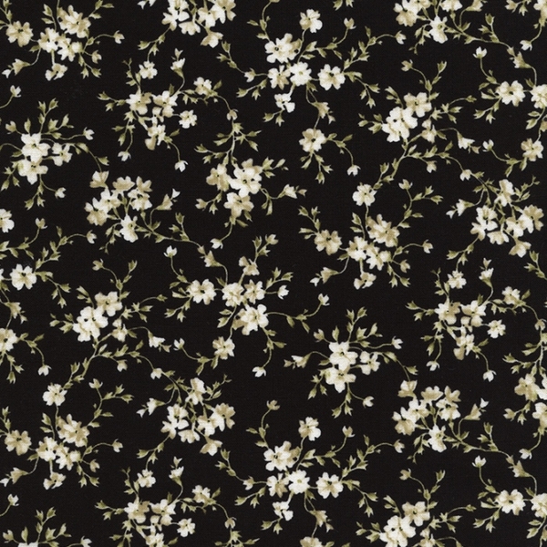 White Floral Vines on Black Fabric 