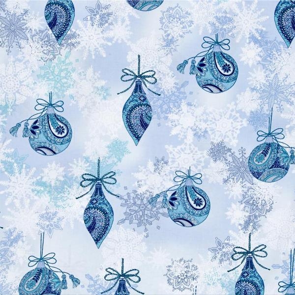 Winter Frost Christmas Ornaments & Snowflakes Blue Fabric Quilting & Patchwork